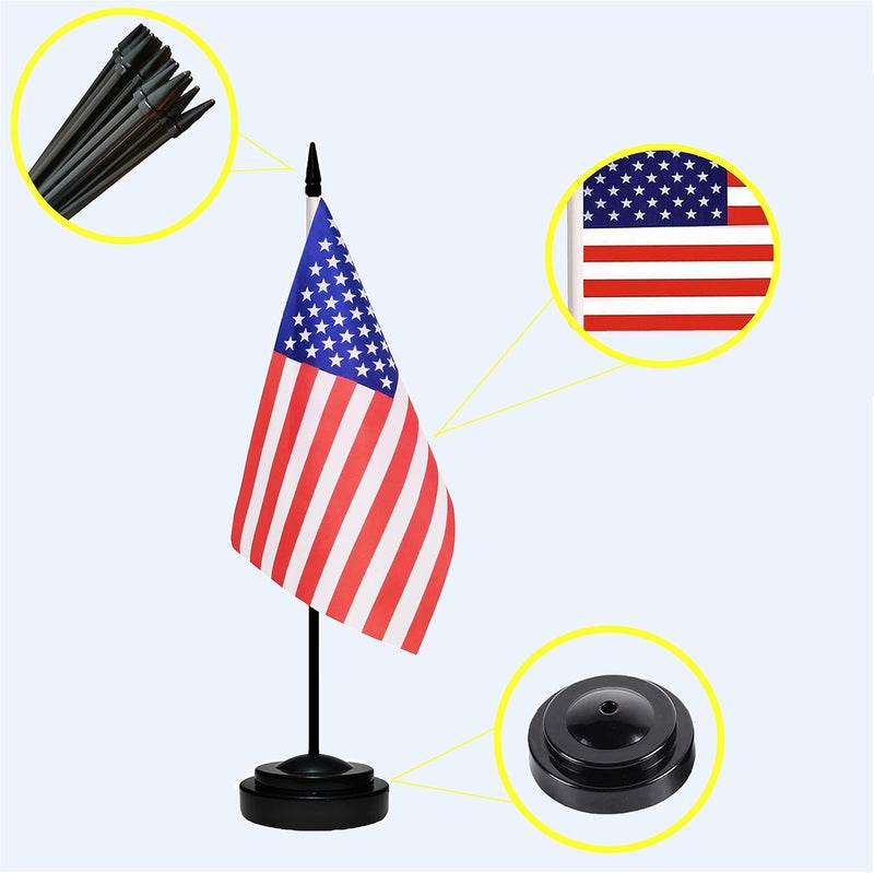 tibijoy USA Flags American Desk Flag Set Small Mini US Table Office Flag with 13" Black Pole, Black Base and Spear Top,Miniature American Deluxe Desktop Flag, Home Decoration, Office Decoration, Festival Celebrations(12 Pack ) - Image 3